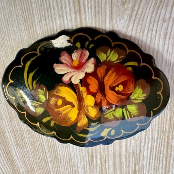 Hand Crafted Jewelry - Vintage Brooch with Hand Painted Floral Design